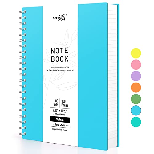 RETTACY A4 Notizblock, Notizbuch, Spiralgebundene Notizbücher, 300 Blatt/150 Seiten Zum Schreiben, 100 G/m² College-liniertes Papier, PVC-Hardcover, 21,5 x 27,9cm – Blau von RETTACY