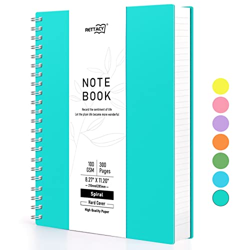 RETTACY A4 Notizblock, Notizbuch, Spiralgebundene Notizbücher, 300 Blatt/150 Seiten Zum Schreiben, 100 G/m² College-liniertes Papier, PVC-Hardcover, 21,5 x 27,9cm – Türkis von RETTACY