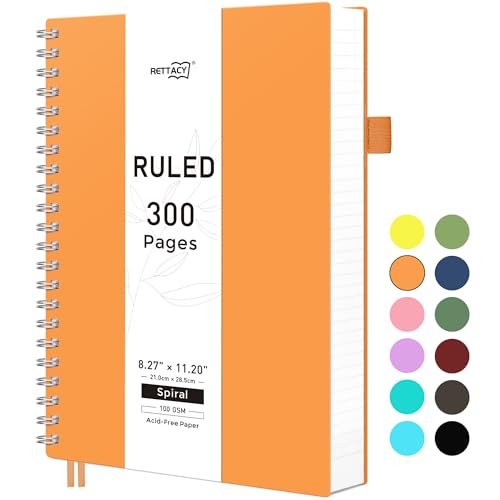 RETTACY A4-Notizbuch, Notizblock, Spiralbindung, 300 Seiten/150 Blatt zum Schreiben, 100 g/m², College-liniertes Papier, PVC-Hardcover, für Damen, Herren, Arbeit, Büro, Schule, 21,5 x 27,9 cm, Orange RETTACY A4-Notizbuch, Notizblock, Spiralbindung, 300 Seiten/150 Blatt zum Schreiben, 100 g/m², College-liniertes Papier, PVC-Hardcover, für Damen, Herren, Arbeit, Büro, Schule, 21,5 x 27,9 cm, Orange von RETTACY