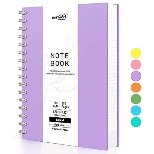 RETTACY A5 Notizblock, Notizbuch, Spiralgebundene Notizbücher, 300 Blatt/150 Seiten Zum Schreiben, 100 G/m² College-liniertes Papier, PVC-Hardcover, 14,5 X 21 Cm – Lila von RETTACY