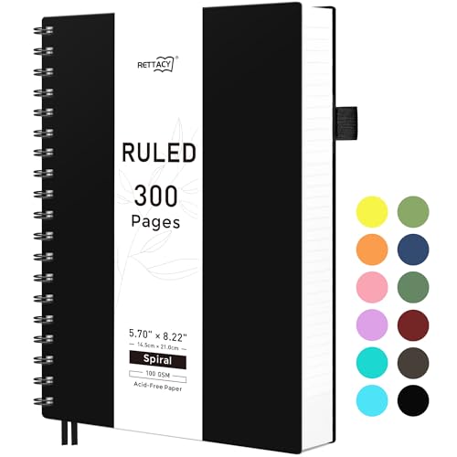 RETTACY A5 Notizblock, Notizbuch, Spiralgebundene Notizbücher, 300 Blatt/150 Seiten Zum Schreiben, 100 G/m² College-liniertes Papier, PVC-Hardcover, 14,5 X 21 Cm - Schwarz von RETTACY