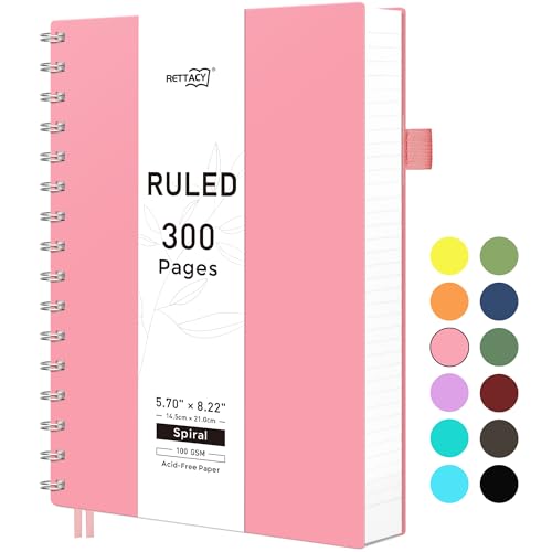 RETTACY A5-Notizbuch, Notizblock, Spiralbindung, 300 Seiten/150 Blatt zum Schreiben, 100 g/m², College-liniertes Papier, PVC-Hardcover, für Damen und Herren, Arbeit, Büro, Schule, 14,5 x 21 cm, Rosa RETTACY A5-Notizbuch, Notizblock, Spiralbindung, 300 Seiten/150 Blatt zum Schreiben, 100 g/m², College-liniertes Papier, PVC-Hardcover, für Damen und Herren, Arbeit, Büro, Schule, 14,5 x 21 cm, Rosa von RETTACY