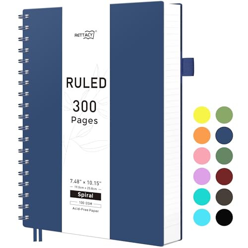 RETTACY B5 Notizblock, Notizbuch, Spiralgebundene Notizbücher, 300 Blatt/150 Seiten Zum Schreiben, 100 G/m² College-liniertes Papier, PVC-Hardcover, 19 x 25 cm - Marineblau von RETTACY