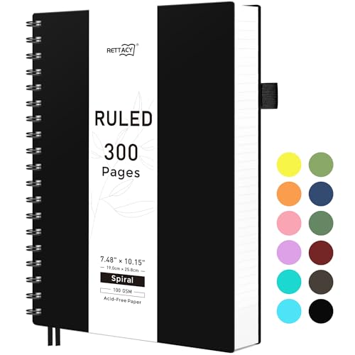 RETTACY B5 Notizblock, Notizbuch, Spiralgebundene Notizbücher, 300 Blatt/150 Seiten Zum Schreiben, 100 G/m² College-liniertes Papier, PVC-Hardcover, 19 x 25 cm - Schwarz von RETTACY