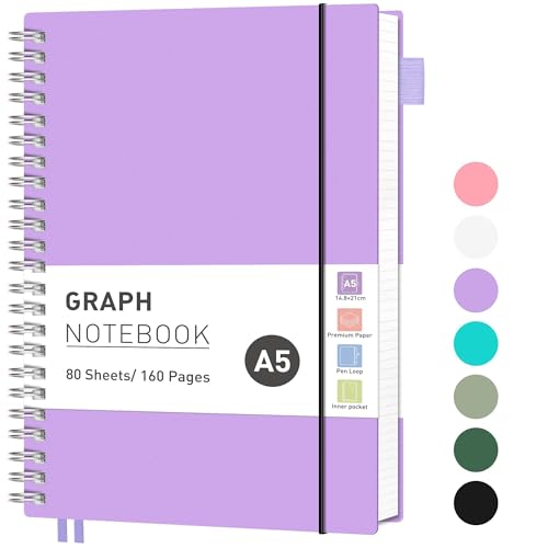 RETTACY Collegeblock A5 Kariert, Leichtgewicht Notizbuc, Blcok Ringbuch, 100gsm mit 160 Blatt / 80 Seiten zum Zeichnen, PVC Cover, zum Tagebuch, College, Konferenz, Reise, 14.8 x 21cm - Lila RETTACY Collegeblock A5 Kariert, Leichtgewicht Notizbuc, Blcok Ringbuch, 100gsm mit 160 Blatt / 80 Seiten zum Zeichnen, PVC Cover, zum Tagebuch, College, Konferenz, Reise, 14.8 x 21cm - Lila von RETTACY