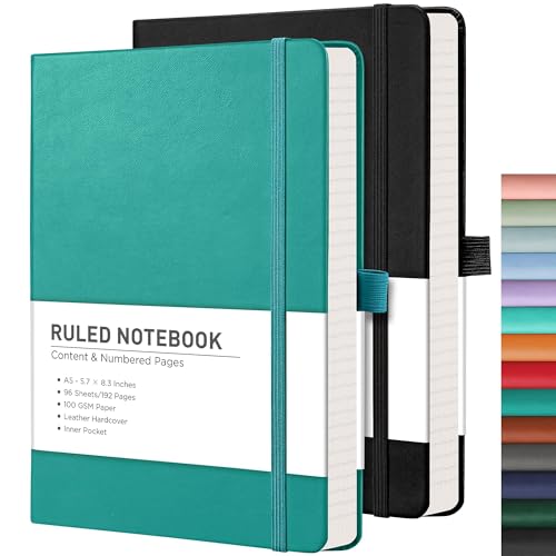 RETTACY Notizblock, A5, liniert, Leder-Tagebuch mit 376 nummerierten linierten Seiten, Hardcover-Notizbuch, 2 Haftnotizen, 8 perforierte Blätter, Stiftschlaufe, Innentasche, 14,5 x 21 cm von RETTACY