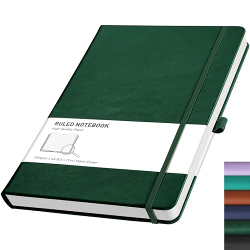 RETTACY Notizbuch, A4, liniert, 192 Seiten, Notizbuch zum Schreiben, Hardcover, Leder-Notizblock mit Stiftschlaufe, für Damen und Herren, Arbeit, Büro, Schule (21,5 x 27,9 cm), Dunkelgrün von RETTACY