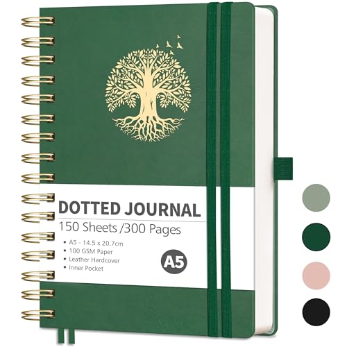 RETTACY Notizbuch, A5, Bullet Dot Journals, Hardcover, Leder, Raster, gepunktetes Tagebuch, Spiral-Skizzenbuch, 300 Seiten, Notizblock für Arbeit, Schule, 100 g/m² dickes Papier, Lesezeichen RETTACY Notizbuch, A5, Bullet Dot Journals, Hardcover, Leder, Raster, gepunktetes Tagebuch, Spiral-Skizzenbuch, 300 Seiten, Notizblock für Arbeit, Schule, 100 g/m² dickes Papier, Lesezeichen von RETTACY
