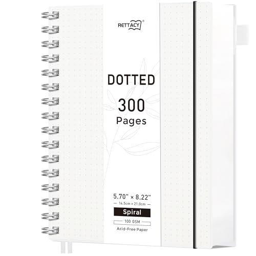 RETTACY Notizbuch A5 Dotted, Bullet Journal Spiral-Notizbuch Gepunktet mit 300 Seiten, Softcover Ringbuch 100 g/m² Dickes für Frauen Männer Arbeit Büro Schule, 14.5 x 21cm - Transparent von RETTACY