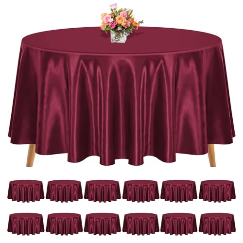 REWOMC Runde Tischdecke, 274 cm, Burgunderrot, Satin-Stoff-Tischdecke für runde Tische, knitterfrei, waschbar, helle Seide, Tischdekoration für Hochzeit, Party, Esstisch, Bankett, 12 Stück REWOMC Runde Tischdecke, 274 cm, Burgunderrot, Satin-Stoff-Tischdecke für runde Tische, knitterfrei, waschbar, helle Seide, Tischdekoration für Hochzeit, Party, Esstisch, Bankett, 12 Stück von REWOMC