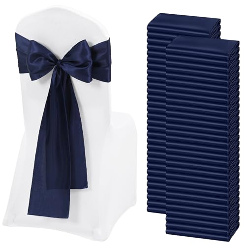 REWOMC Stuhlschärpen aus Satin, Marineblau, Schleifen, dekorativ, Stuhlhussen, Schärpen für Thanksgiving, Hochzeit, Weihnachten, Bankett, Party, Zuhause, Küche, Dekoration (17,8 x 274,3 cm), 60 Stück von REWOMC