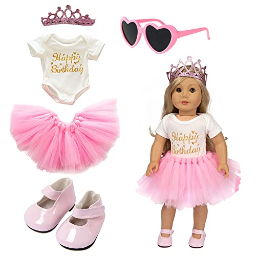 5pcs Geburtstag Puppe Rosa Kleidung Zubehör Set gehören Rock Strampler Stirnband & Schuhe,Pinke Herzbrille für 43cm / 17 Zoll Neugeborene Babypuppe (Keine Puppe) von REYOK