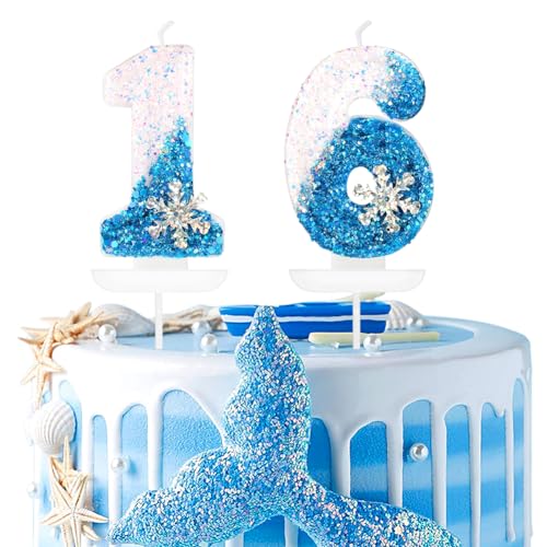 Digital 16 Geburtstagskerze, Weiß und Blau Kuchen Geburtstagskerzen, Schneeflocke Glitter Zahl Kerzen, Glitzer Kuchen Topper Dekoration für Mädchen Jungen Geburtstag Party Hochzeit(16) von REYOK