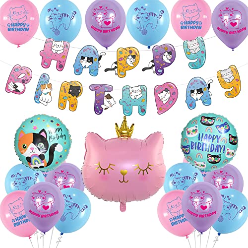 Katzen Geburtstag sfeierzubehör alles Gute zum Geburtstagbanner, Party Dekorations Zubehör Set,Kinder Ballon Geburtstags Deko,Banner ZubehöR,Latex Luftballons(22PCS) von REYOK