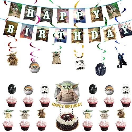 Yoda Kindergeburtstag Deko Kit Cake Toppers Spiralen Happy Birthday Bandera Geburtstag Deko,Yoda Party Dekorationsset Pull Flag Hanging Spin Dekorationszubehör von REYOK