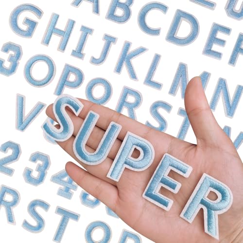 144 Stück Buchstaben zum Aufbügeln für Stoff, Alphabet bestickter Aufnäher A-Z, Zahlenaufnäher 0–9, Buchstaben und Zahlen zum Aufbügeln für Kleidung, Hut, Jeans (Hellblau) von RF-patch