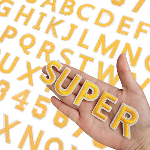 144 Stück Buchstaben zum Aufbügeln für Stoff, Alphabet bestickter Aufnäher A-Z, Zahlenaufnäher 0–9, Buchstaben und Zahlen zum Aufbügeln für Kleidung, Hut, Jeans (gelb) von RF-patch