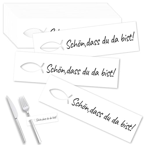 RFBEUTEL Bestecktaschen aus Papier Schön DASS du da bist Platzkarte Tischkarte Fisch Kommunion Taufe Firmung Konfirmation von RFBEUTEL