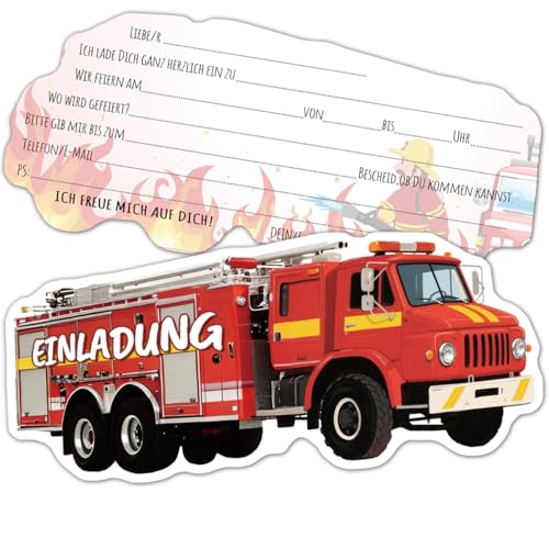 RFBEUTEL 12x Feuerwehr Einladungskarten Partyeinladungen Kindergeburtstag Geburtstagseinladungen für Kinder Junge Feuerwehrauto von RFBEUTEL