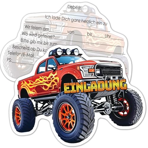 RFBEUTEL 12x Einladungskarten Kindergeburtstag Junge Monstertruck Truck Party Einladung Geburtstag von RFBEUTEL