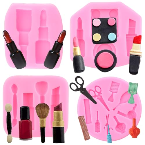 RFGHAC 4 Stück Make-up Thema Silikonformen Make-up Werkzeuge Fondant Formen Schere Haar Werkzeuge Schokoladenform Lippenstift Form für Süßigkeiten Kuchen Dekorieren Cupcake Topper Gummi Paste Polymer von RFGHAC