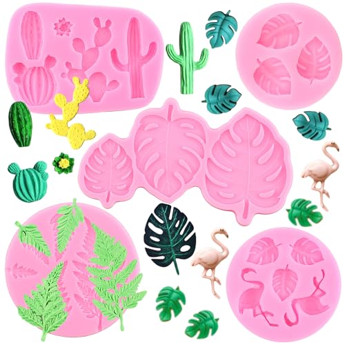 RFGHAC 5 Stück Flamingo Tropische Blatt Silikonformen Farn Blätter Fondant Formen Kaktus Monstera Blatt Schokoladenformen für Süßigkeiten Kuchen Dekorieren Cupcake Topper Gummipaste Polymer Clay von RFGHAC