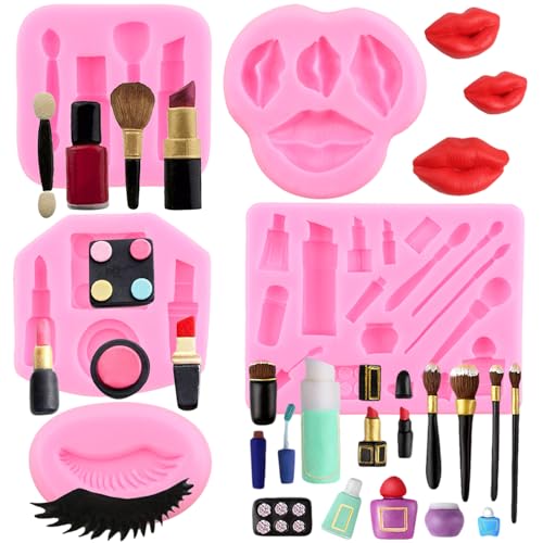 RFGHAC 5 Stück Makeup Tools Silikonformen Valentinstag Fondant Formen Lippen Wimpern Lippenstift Pinsel Form für Süßigkeiten Schokolade Kuchen Dekorieren Cupcake Topper Gummi Paste Polymer Clay von RFGHAC