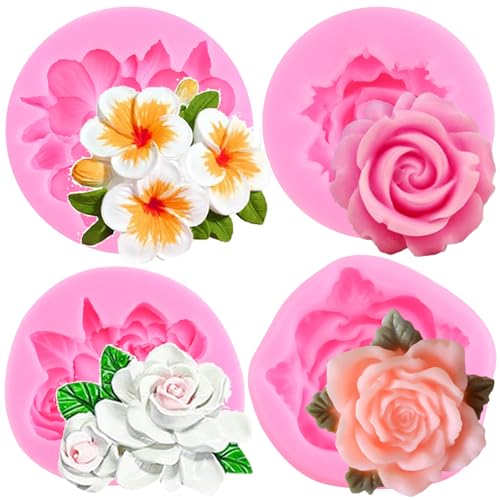 RFGHAC Blume Silikonformen Hibiskus Plumeria Rose Blume Fondant Silikonformen für Kuchen Dekorieren Cupcake Topper Polymer Ton Süßigkeiten Zucker Handwerk Schokolade Gummi Paste 4 Stück von RFGHAC