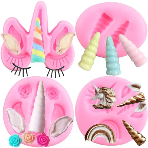 RFGHAC Einhorn Silikonform Einhorn Ohren Horn Regenbogen Rose Blume Fondant Formen für Cupcake Topper Polymer Clay Schokolade Gummipaste Kuchen Dekorieren 4 Stück, ZB223CK von RFGHAC