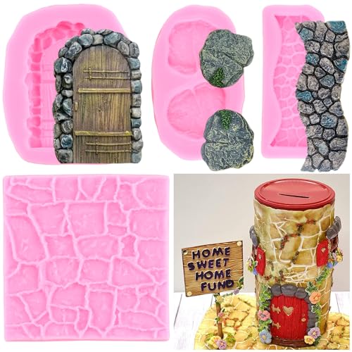 RFGHAC Fairy Gnome Garden Stone Texture Door Stone Path Silicone Moulds Brick Wall Texture Design Fondant Mould for Cupcake Topper Cake Decorating Candy Chocolate Gum Paste Polymer Clay Set of 4 von RFGHAC