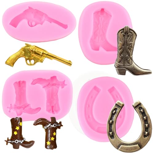 RFGHAC Hufeisen Huf Silikonform Cowboy Boot Fondant Formen Pistole Handfeuerwaffe Süßigkeitenform für Zucker Kuchen Dekorieren Cupcake Topper Schokolade Gummipaste Polymer Clay 4 Stück von RFGHAC