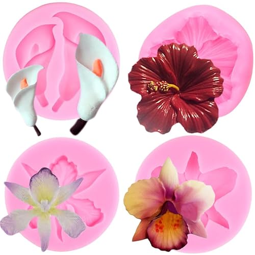 RFGHAC Orchidee Blume Silikonformen Hibiskus Blume Fondant Form Calla Lilie Blumen Silikonform für Kuchen Dekorieren Cupcake Topper Candy Polymer Clay Schokolade Gummipaste 4 Stück, ZB218CK von RFGHAC