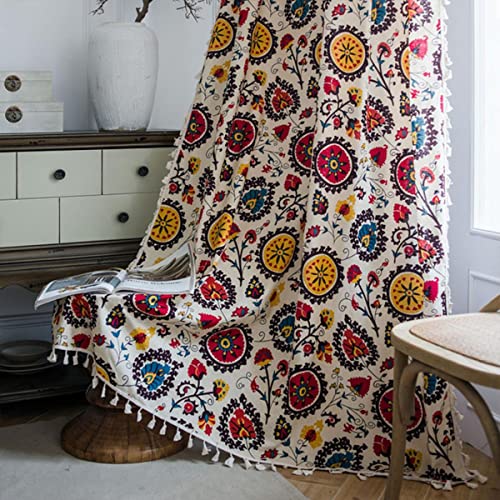 RFYNREW Boho Geometrischer Vorhang Für Schlafzimmer Wohnzimmer Baumwolle Leinen Bedruckte Dekorative Vorhänge mit Quaste Dekoration-E0016,W150XH160,Haken von RFYNREW