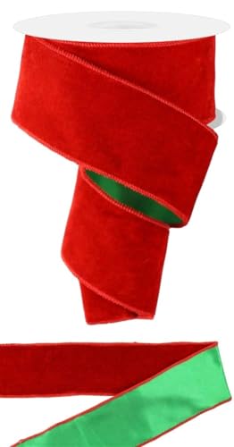 Doppelseitiges Samtband aus Samt und Satin, doppelseitig, mit Draht, für Weihnachten und alltägliche Bastelarbeiten, Kränze, Schleifen und Dekorationen (rot, grün, 6,3 cm x 9,1 m) von RG Ribbon