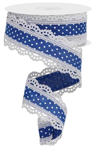 Drahtband, gewellter Rand, Schweizer Punkte, 9,1 m Spule für Kränze, Blumenarrangements, Geschenkverpackungen, Basteln (Königsblau, Weiß, 3,8 cm) von RG Ribbon