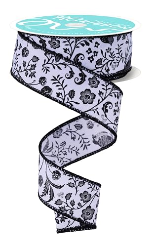 RG Ribbon Chinoiserie Blumen und Vögel, Drahtkanten, 6,3 cm x 9,1 m für Schleifen und Kränze (weiß, schwarz, grau, 3,8 cm x 9,1 m) von RG Ribbon