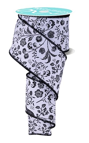 RG Ribbon Chinoiserie Blumen und Vögel, Drahtkanten, 6,3 cm x 9,1 m für Schleifen und Kränze (weiß, schwarz, grau, 6,3 cm x 9,1 m) von RG Ribbon