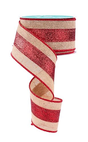 RG Ribbon Farmhouse Glam Sackleinen mit glitzernden Streifen in der Mitte, Drahtkanten, Rot, Natur, 6,3 cm x 9,1 m von RG Ribbon