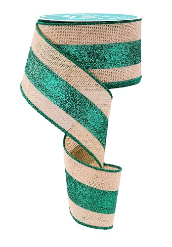 RG Ribbon Farmhouse Glam Sackleinen mit glitzernden Streifen in der Mitte, Drahtkanten (Smaragdgrün, Natur, 6,3 cm x 9,1 m) von RG Ribbon