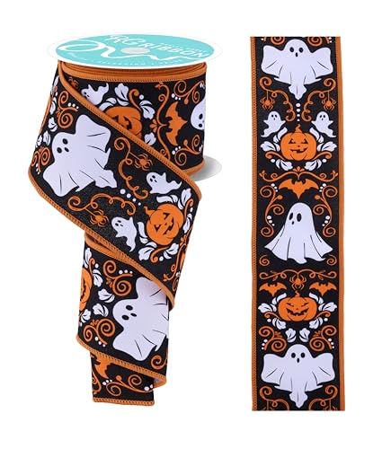 RG Ribbon Halloween-Damastdruck mit Geistern, Fledermäusen und Kürbissen, Drahtkanten (Orange, Weiß, Schwarz, 6,3 cm x 9,1 m) von RG Ribbon