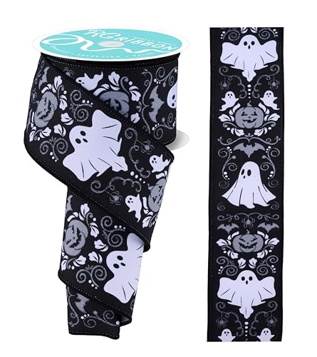RG Ribbon Halloween-Damastdruck mit Geistern, Fledermäusen und Kürbissen, Drahtkanten (grau, weiß, schwarz, 6,3 cm x 9,1 m) von RG Ribbon