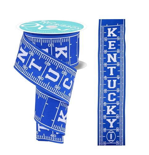 RG Ribbon Kentucky Fußballfeld-Design, Drahtkanten für Mütter, Geschenkverpackungen, Körbe, Kränze, Handwerk und Dekorationen (Königsblau, Weiß, 6,3 cm x 9,1 m) von RG Ribbon