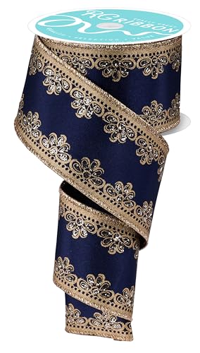 RG Ribbon Luxuriöses metallisches und glitzerndes filigranes Schleifenband mit Drahtrand, für Schleifen, Kränze, Handwerk und Dekorationen (Marineblau, Gold, 6,3 cm x 9,1 m) von RG Ribbon