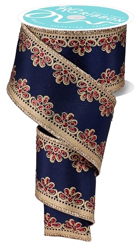 RG Ribbon Luxuriöses metallisches und glitzerndes filigranes Schleifenband mit Drahtrand, für Schleifen, Kränze, Handwerk und Dekorationen (Marineblau, Rot, Gold, 6,3 cm x 9,1 m) von RG Ribbon