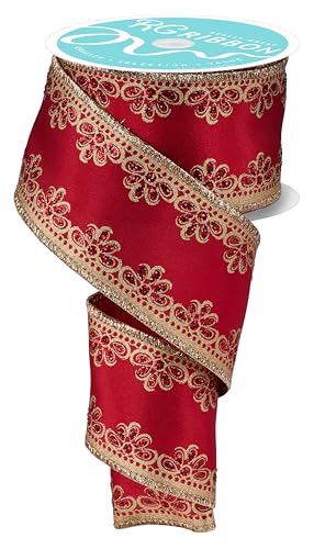RG Ribbon Luxuriöses metallisches und glitzerndes filigranes Schleifenband mit Drahtrand, für Schleifen, Kränze, Handwerk und Dekorationen (Rot, Gold, 6,3 cm x 9,1 m) von RG Ribbon