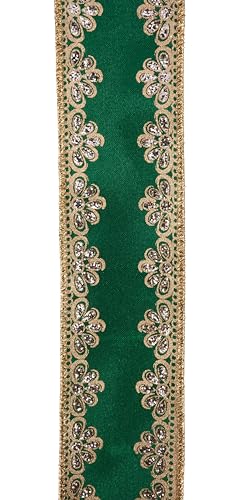RG Ribbon Luxuriöses metallisches und glitzerndes filigranes Schleifenband mit Drahtrand, für Schleifen, Kränze, Handwerk und Dekorationen (Smaragdgrün, Gold, 6,3 cm x 9,1 m) von RG Ribbon