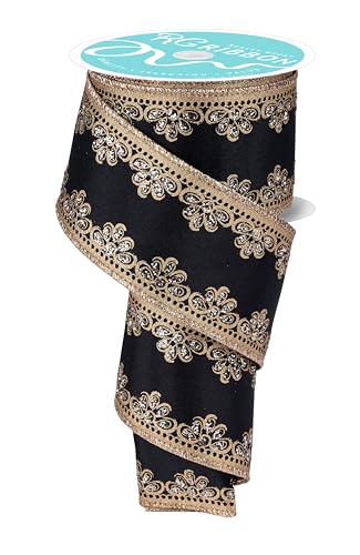 RG Ribbon Luxuriöses metallisches und glitzerndes filigranes Schleifenband mit Drahtrand, für Schleifen, Kränze, Handwerk und Dekorationen (schwarz, gold, 6,3 cm x 9,1 m) von RG Ribbon