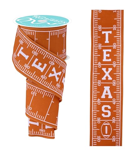 RG Ribbon Texas-Fußballfeld-Design, Drahtkanten für Mütter, Geschenkverpackungen, Körbe, Kränze, Handwerk und Dekorationen (gebranntes Orange, Weiß, 6,3 cm x 9,1 m) von RG Ribbon