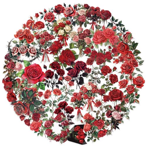 RGBEE Vintage Rote Rose Sticker 50 Stücke, Aesthetic Blumen Aufkleber für Scrapbook Journal Laptop Kindle Planer Koffer Helm Motorrad Skateboard Auto Fahrrad, Wasserfeste Transparente PET Decals von RGBEE