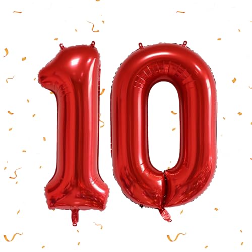 Zahlenballon 10, Zahlenballon, Rot, Konfetti-Heliumzahlenballons, riesige Heliumfolien-Zahlenballons, für Frauen und Männer, Party-Dekoration, Jubiläum, Verlobung, Dekorationszubehör (rot) von RGEVGER
